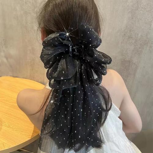 Rannyrena Large Hair Bow for Women Long Satin Silk Knot Hair Claw Clips Lace Black Tulle Hair Barrettes with Pearls Long T...
