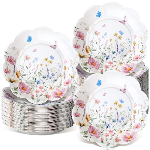 Suttmin 100 Pcs Wildflower Paper Plates Disposable Dessert Baby Bridal Shower Party Supplies Floral Dessert Plates Bulk Bi...