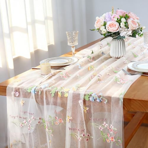 LOMOHOO White Gauze Table Runner with Embroidery Wild Flowers, 30x120in 10ft Floral Seasonal Sheer Table Runners for Dinin...