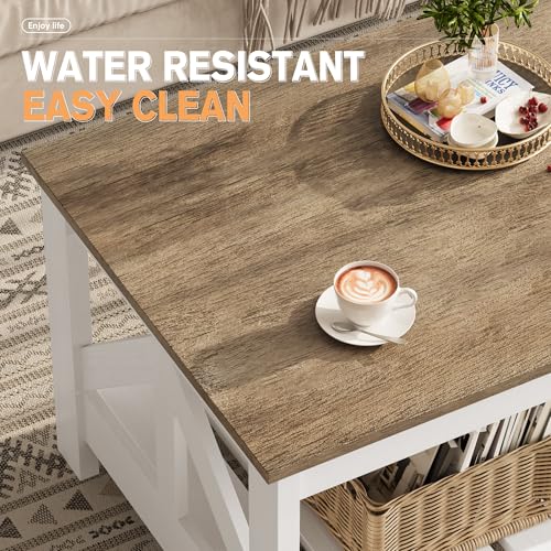 YESHOMY Farmhouse Coffee Table, Coffee Tables for Living Room, Farmhouse Square Coffee Table with Storage, Couch Table, Sm...