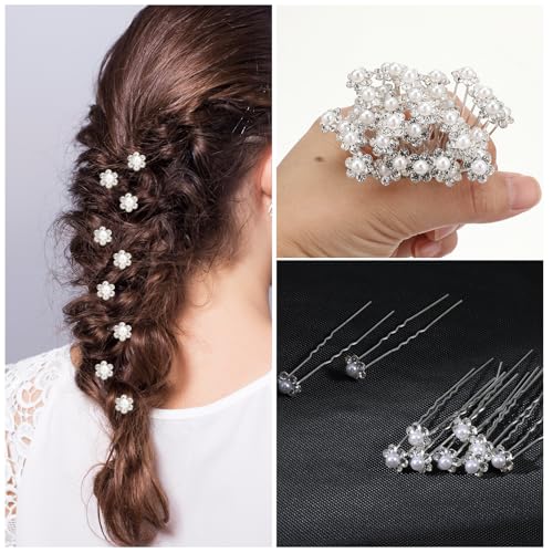 40 Pcs U-pin Metal Hair fork, Silver Pearls Rhinestone Hairpins, Pearl U Shape Rhinestone Flower Hairpins, Bridal Hair Pin...