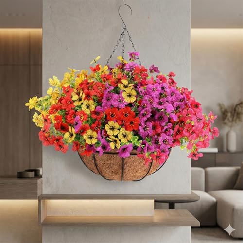 Geegoods 2 Set Artificial Hanging Flowers for Outdoors, UV-Resistant Fake Hanging Baskets, Realistic Hanging Planters for ...