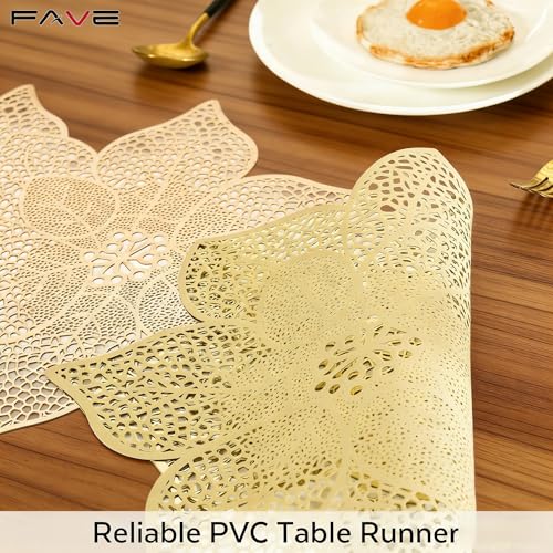 FAVE Gold Table Runners 36 Inches Heat Resistant Table Runner Flower Shaped Vinyl Table Runner Waterproof Washable Table M...