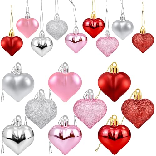 36Pcs Valentines Heart Shaped Ornaments - Valentines Heart Decorations - Red Pink Silver Glitter Heart Shaped Baubles - Ro...