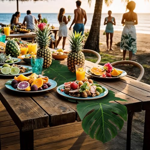 AerWo 2Pcs Artificial Palm Leaves Green Table Runner, Summer Tropical Leaf Table Runners 72 inches Long for Wedding Moana ...