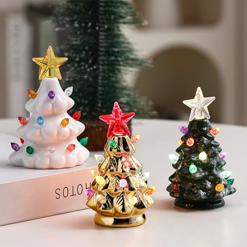 B SEPOR Set of 3 Mini 4.5" Inch Nostalgic LED Ceramic Christmas Tree with Lights Xmas Tree That Light Up Hanging Ornaments...