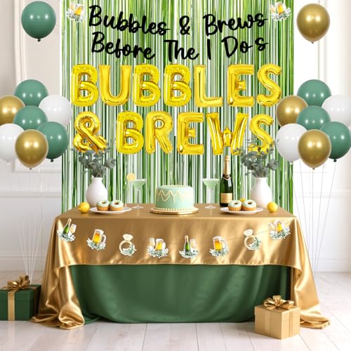 JOYMEMO Bubbles and Brews Bridal Shower Decorations Sage Green Gold - Bubbles and Brews Before I Dos Banner, Balloons, Gar...