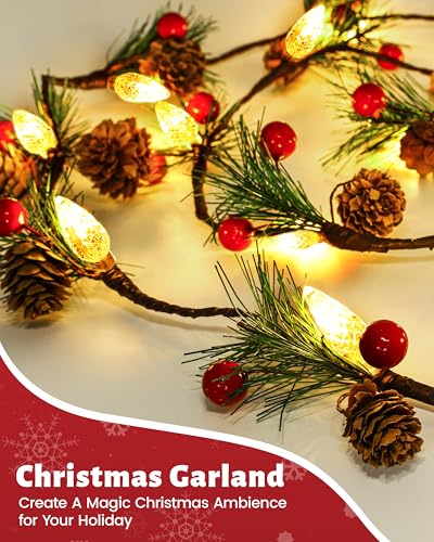 Christmas Garland with Lights,7FT Pinecones Christmas String Lights with Red Berries,Needles,20Led C6 Christmas Lights Bat...