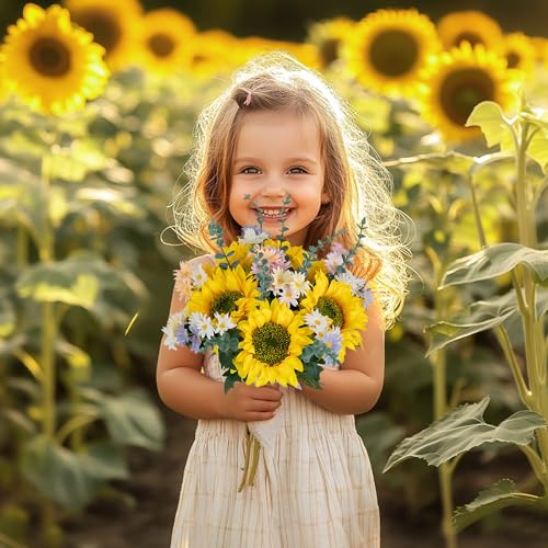 BLOSMON Sunflower Fake Flowers in Vase: Sunflowers Artificial Flowers with Vase for Table Centerpieces Decor - Silk Flower...