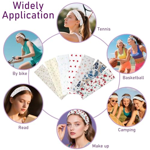picheng Printed Floral Headbands for Women: 7 Pack Non Slip Soft Cotton Stretchy Sports Hair Bands for Workout Yoga Runnin...