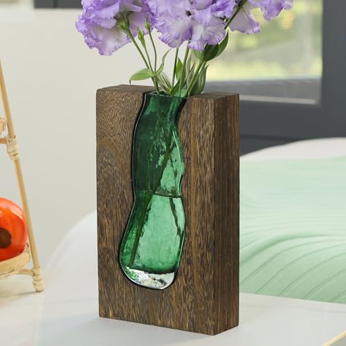 Wood and Glass Inlay Vases Farmhouse Wooden Glass Flower Vase Solid Wood Glass Vase Home Decor Vases for Centerpiece (9.45...