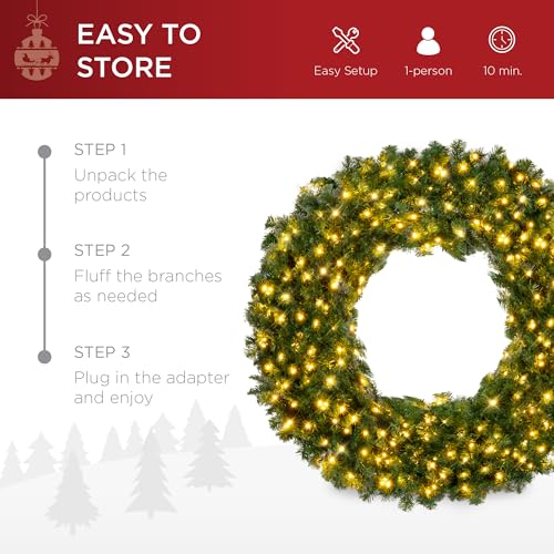 Best Choice Products 36in Large Artificial Pre-Lit Fir Christmas Wreath Holiday Accent Decoration w/ 150 LED Lights, 300 P...