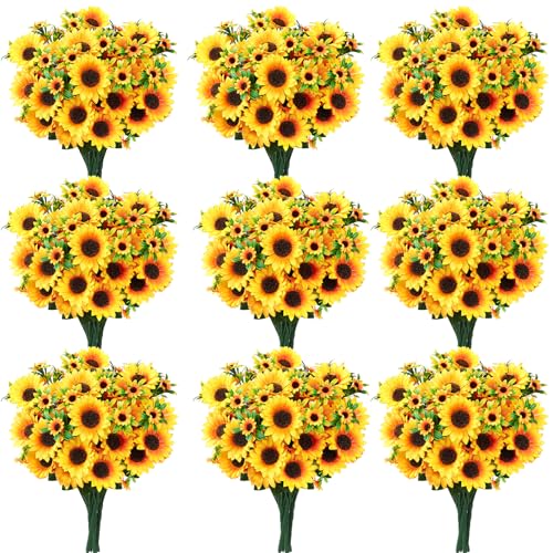 Ovveroche 9 Pack Artificial Silk Sunflowers Bouquet Fake Yellow Flowers Floral Arrangements for Wedding Home Decor Centerp...
