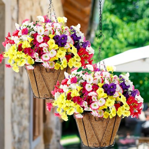 Suncalla 4 Sets Artificial Hanging Flowers with Basket, Faux Silk Colorful Morning Glory Flower Arrangement UV Resistant f...