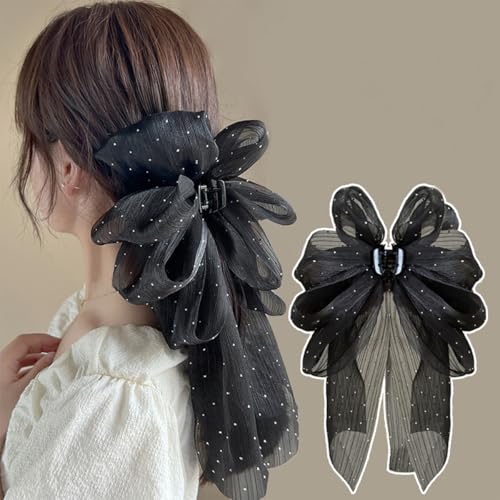 Rannyrena Large Hair Bow for Women Long Satin Silk Knot Hair Claw Clips Lace Black Tulle Hair Barrettes with Pearls Long T...