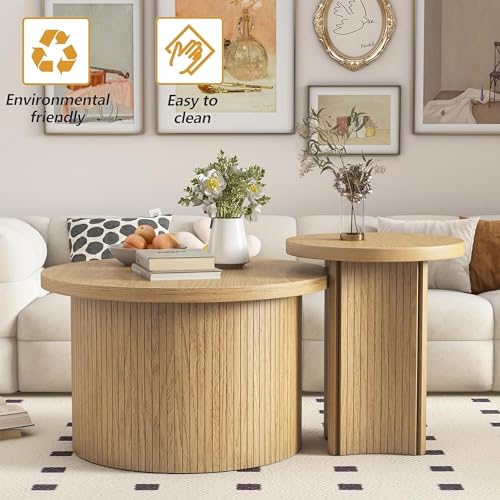 Mxtxmy Set of 2 Nesting Coffee Tables Farmhouse,Round Coffee Table Living Room,Wood Finish Coffee Table Set, Small Coffee ...