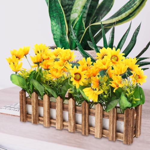 Yardwe Artificial Sunflower Plant with Picket Fence Pot 11.81In - Fake Sunflower Decoration for Home Office Classroom Corn...