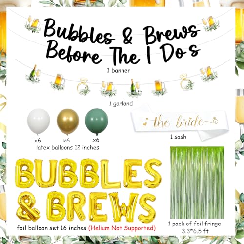 JOYMEMO Bubbles and Brews Bridal Shower Decorations Sage Green Gold - Bubbles and Brews Before I Dos Banner, Balloons, Gar...
