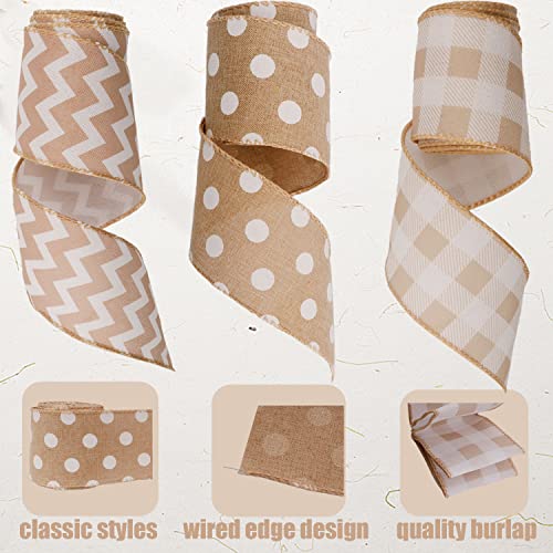 3 Rolls Burlap Wired Ribbons 15 Yards Stripe Dot Buffalo Plaid Pattern Wrapping Gingham Grosgrain Ribbon for DIY Crafts Pa...