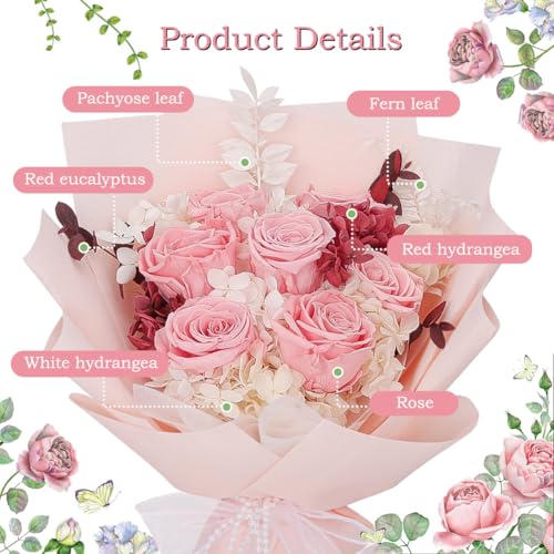 Preserved Flowers Bouquet, Pink Rose Flowers Gift for Valentine's Day, Mother's Day, Anniversary, Birthday (Pink)