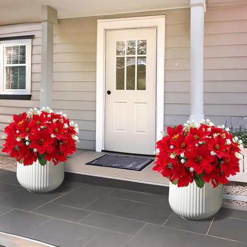 MATBAR Christmas Artificial Flowers for Outdoors Red Poinsettia Flowers Artificial 12 Bundles Mixed UV Resistant Faux Flow...