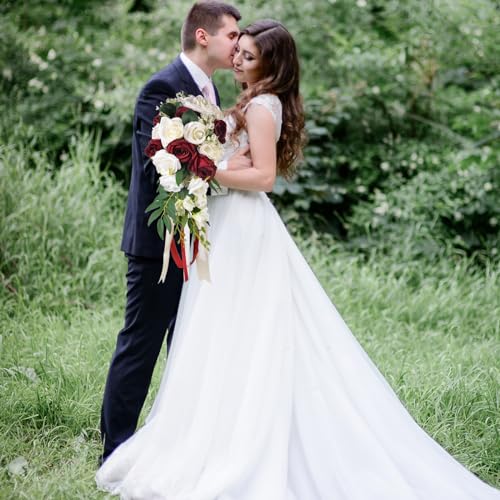 ChezMax Wedding Bridal Bouquet, Bride Artificial Rose Flowers with Ribbons, Bridesmaid Fake Flower Bunch 11.8 Inch, Tossin...