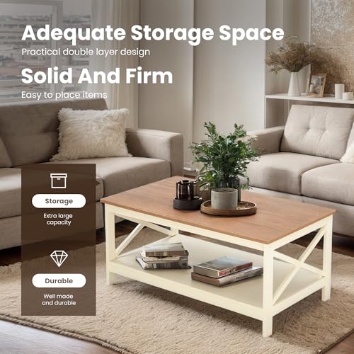 PHI VILLA Farmhouse Coffee Table for Living Room, White Coffee Tables with Storage Rustic Style Modern
