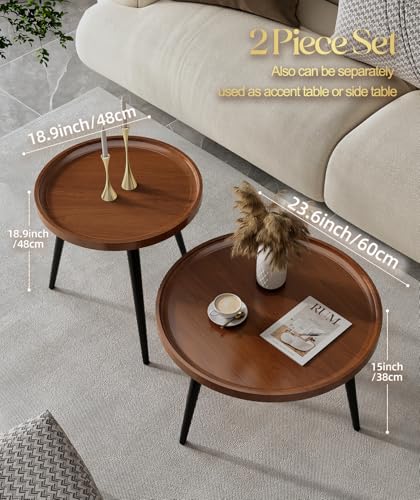 Semjar 2-Piece Walnut Coffee Table,Durable Mid Century Small Round Coffee Tables for Living Room,Easy Assembly Modern Nest...