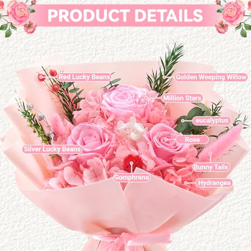 Preserved Flowers Bouquet, Flowers for Delivery,Handmade Pink Rose Bouquets Lasting 3-5 Years, Luxury Gift Box,Birthday Fl...