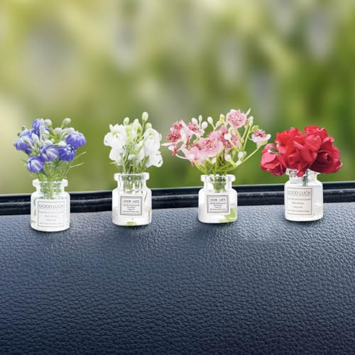 Set of 4 Cute Mini Rose Flower Vase Car Dashboard Decorations Self-Adhesive Mini Vase with Artificial Flowers Ornaments Ca...