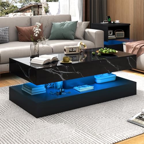 chartustriable 47.2" Large High-Glossy LED Coffee Table with 2 Sliding Drawers, Living Room Storage Coffee Tables with Mar...