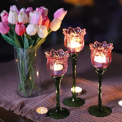VOHO Pink Tulips Candle Holder, Romantic Pink Flower Votive Candle Holders for Wedding Bridal Shower Decorations, Tall Tea...