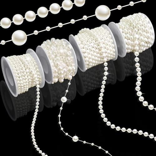 Towenm 4 Rolls 76 Feet Pearls String Garland, Faux Pearl Beads Roll Strand for Crafts, Artificial Pearls Chain Trim for We...