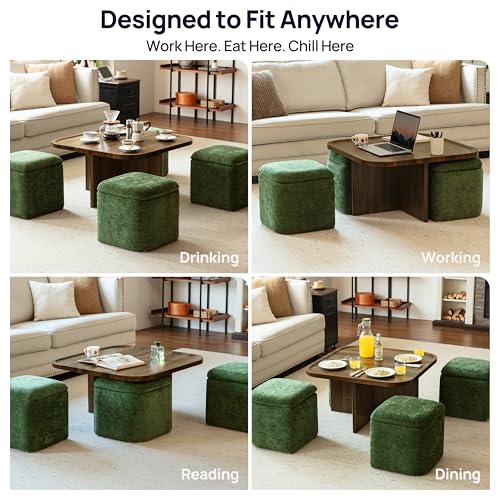 Square Coffee Table with Stools Underneath, Wood Ottoman Coffee Tables with 4 Chenille Storage Ottomans & Seats, Mid-Centu...