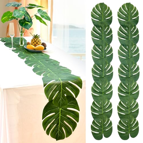 AerWo 2Pcs Artificial Palm Leaves Green Table Runner, Summer Tropical Leaf Table Runners 72 inches Long for Wedding Moana ...