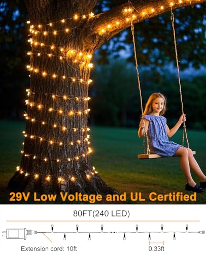 80FT 240 LED Christmas Lights Outdoor, Warm White Christmas String Lights 8 Modes, Waterproof Connectable Christmas Tree L...