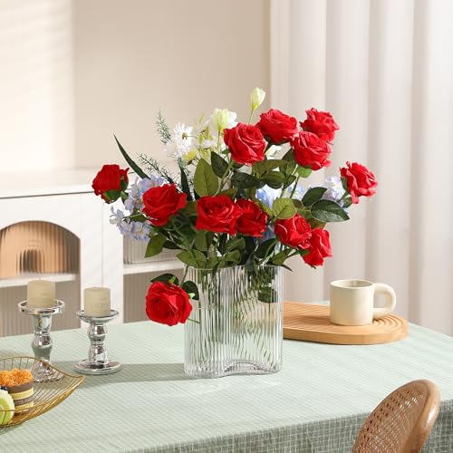Hawesome 12PCS Artificial Flowers Fake Roses, Realistic Silk Long Stem Red Roses Bouquet for Wedding Centerpiece Home Deco...