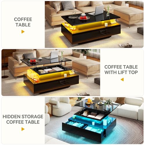 DWVO LED Lift Top Coffee Tables for Living Room, Rectangular Coffee Table with 4 Spacious Drawers, Modern Center Table wit...