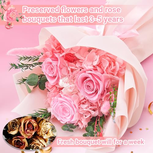 Preserved Flowers Bouquet, Flowers for Delivery,Handmade Pink Rose Bouquets Lasting 3-5 Years, Luxury Gift Box,Birthday Fl...