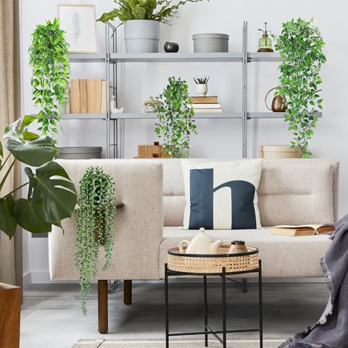 USLAI Artificial Hanging Plants Vine, Fake Potted Greenery Faux Eucalyptus, Mandala, String of Pearls, Pea Pod Leaves in P...