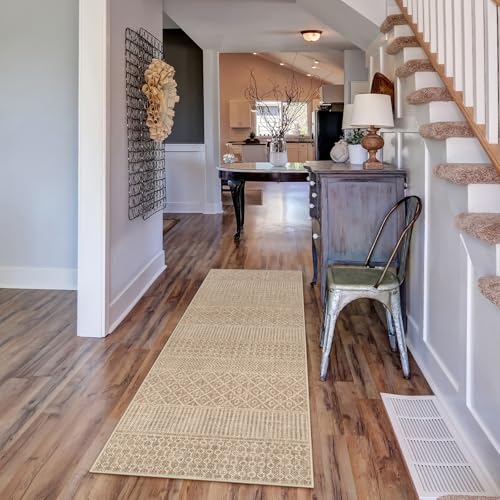 Lahome Farmhouse Geo Hallway Runner 2x6, Washable Beige Kitchen Runner Rug 6 ft Non-Skid Rug, Ultra-Thin Modern Runners fo...