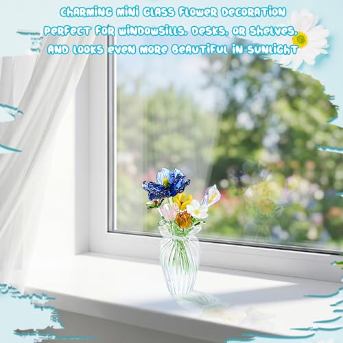 Fiwochic 7 Color Glass Birth Flower Decor Glass Birthday Month Flower Bouquet with Small Vase Crystal Wildflower Blossom f...