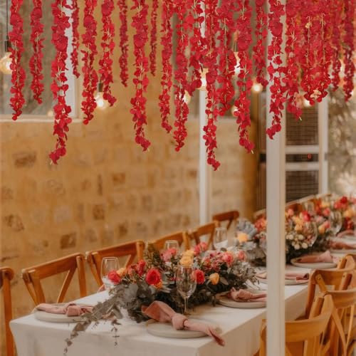 ACRYCS 6 Pcs Wisteria Flower Garlands Red Artificial Wisteria Hanging Flowers 6.7 Feet Silk Flowers Vines Hydrangea Garlan...