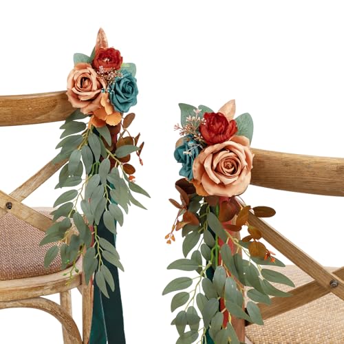 Ling's moment 8pcs Wedding Artificial Aisle Pew Flowers Chair Decorations Arrangements with Chiffon Ribbons Burnt Orange f...