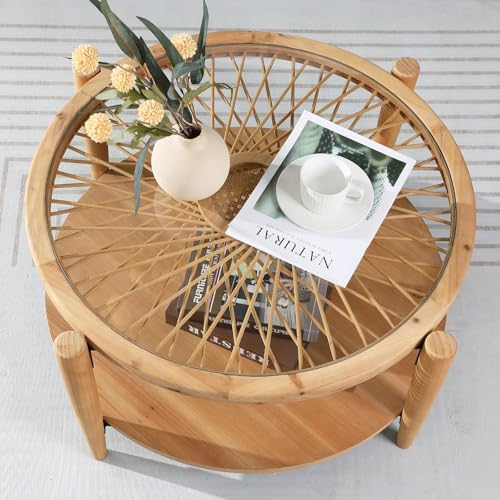 RUSTOWN Rattan Coffee Tables,2-Tier Round Boho Cocktail Tables, Mid Century Modern Coffee Table with Rattan & Tempered Gla...