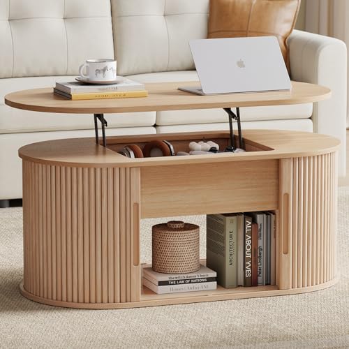 LINSY Lift Top Coffee Table, Oval Fluted Coffee Table with Storage, Boho Wooden Coffee Tables with Sliding Tambour Door, 3...