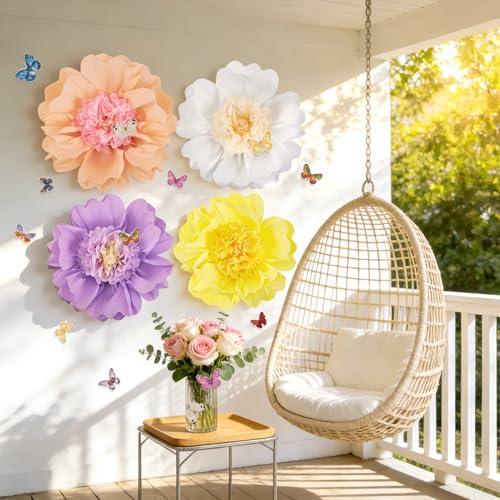 SUNBEAUTY 4PCS Pastel Paper Flower Party Decorations Giant Tissue Paper Flowers Pastel Hanging Flower Decorations for Wall...