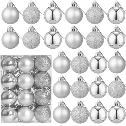 24 Count Small Silver Ornaments for Mini Christmas Tree, Small Shatterproof Christmas Tree Ornaments Balls Party Decoratio...