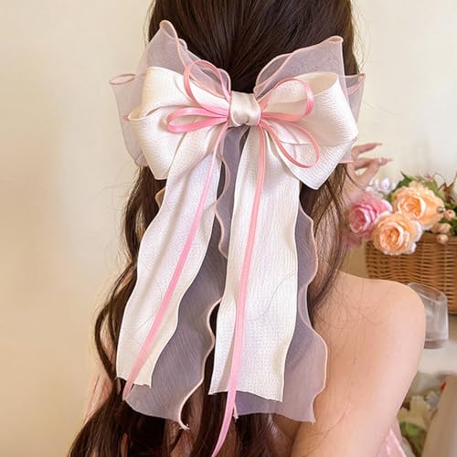 FRUZJAY Large Hair Bows Clips for Women Pink White Hair Bows Elegant Long Tail Bowknot Hairpins Spring Summer Hair Barrett...