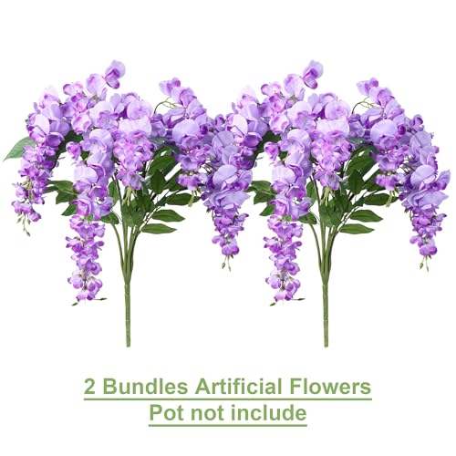 HyeFlora Artificial Hanging Flowers Spring Fake Flower for Vase, 2Pcs Light Purple Silk Wisteria UV & Fading Resistant Fau...